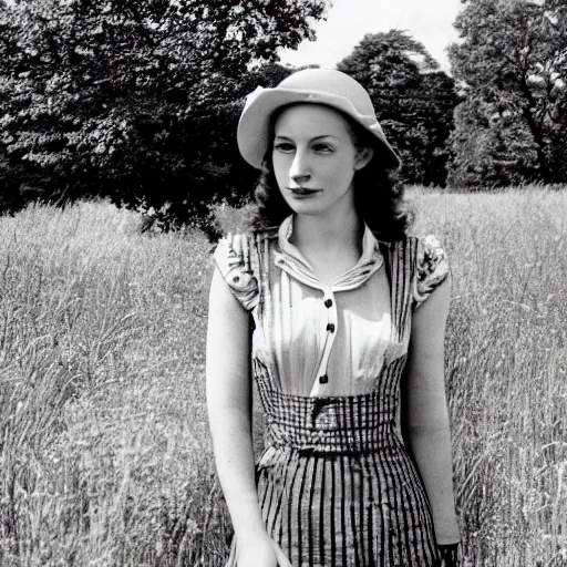 Prompt: a photo of a woman at the english countryside by nina leen