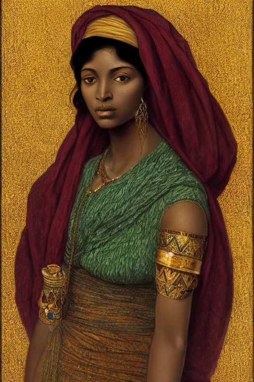 Image similar to Portrait of a Arabic African female, sad green eyes, beautiful skin, elegant, jewellery, digital painting, Pre-Raphaelites, highly detailed, concept art, smooth, sharp focus, gold and indigo, illustration, art by Klimt .