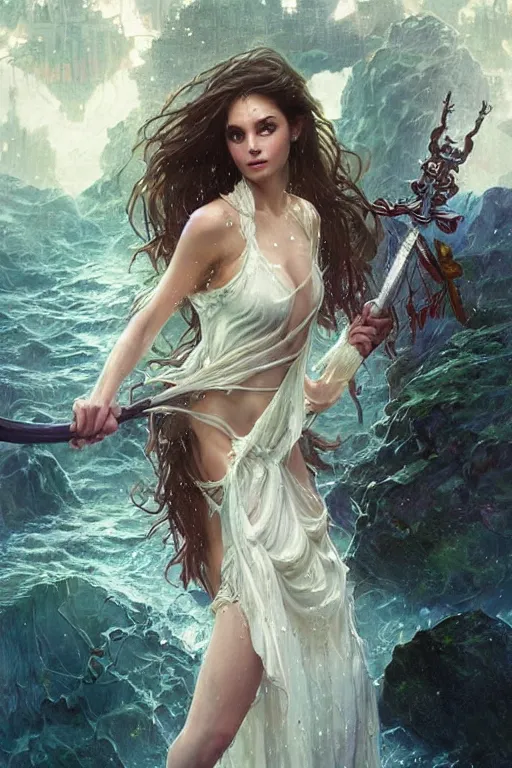 Prompt: portrait of a beautiful spiderwoman wearing a white dress, holding a sword, drenched body, wet dripping hair, emerging from the water, fantasy, regal, fractal crystal, fractal gems, by ross tran, stanley artgerm lau, greg rutkowski, thomas kindkade, alphonse mucha, loish, norman rockwell