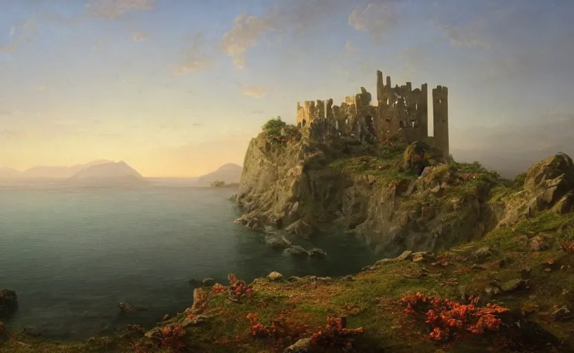 Prompt: ruins of a castle on a hill overlooking the ocean, close up shot, rocky, at dusk, distant mountains, 4k, rule of thirds, extreme detail, hazy water, intricate ink illustration, trending on artstation, cgsociety, hd, calm, complimentary colours, realistic lighting, by Albert Bierstadt, Frederic Edwin Church.
