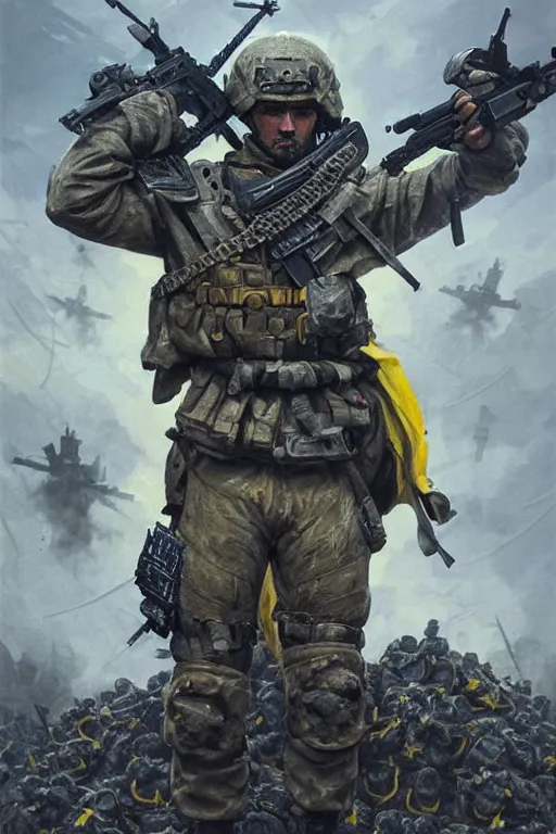 Image similar to a distant shot of a Ukrainian Call of Duty soldier with blue and yellow uniform standing alone on a pile of skulls as a winner, masculine figure, D&D, fantasy, intricate, elegant, highly detailed, extremely detailed, digital painting, artstation, concept art, matte, sharp focus, symmetrical, illustration, art by Artgerm and Greg Rutkowski and Alphonse Mucha