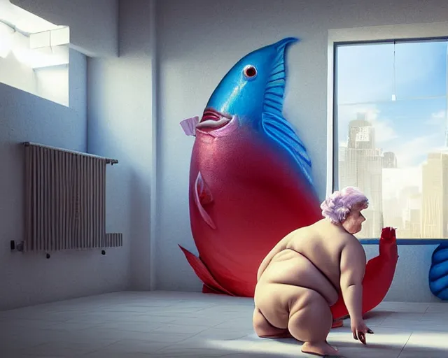 Image similar to delicate and beautiful scene in hyper realistic style, of a fat old woman is sculpting a huge colorful fish on the wall. lighting from the barred window. shadows. 4 k. wide angle. very detailed. red mouth, blue eyes. deep focus, lovely scene. ambient occlusion render. unreal engine.