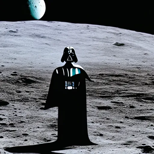 Image similar to darth vader standing on the moon looking at the sky