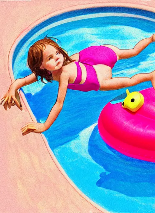 Image similar to color sketch of a young girl in a swimming pool, with an inflatable flamingo floating nearby, professional