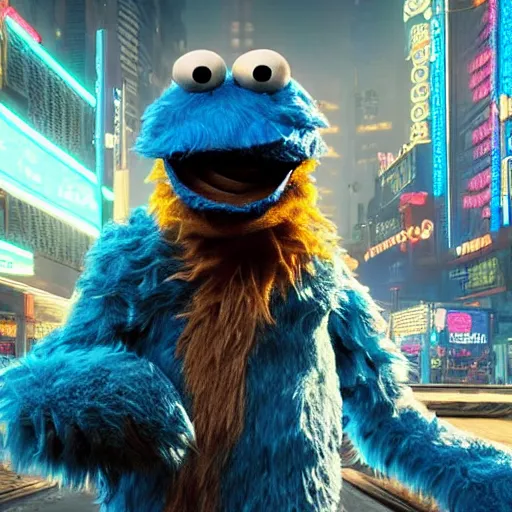 Image similar to cookie monster in cyberpunk 2 0 7 7 unreal engine 5 8 k hyperdetailed