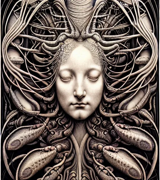 Image similar to detailed realistic beautiful lobster goddess face portrait by jean delville, gustave dore, iris van herpen and marco mazzoni, art forms of nature by ernst haeckel, art nouveau, symbolist, visionary, gothic, neo - gothic, pre - raphaelite, fractal lace, intricate alien botanicals, ai biodiversity, surreality, hyperdetailed ultrasharp octane render