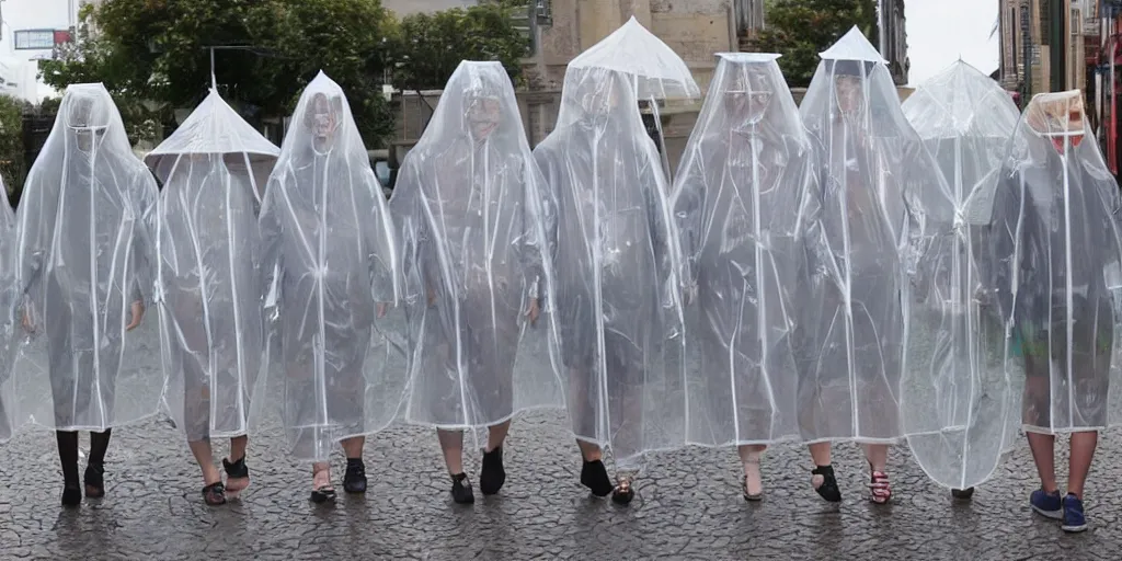 Image similar to transparent raincoats holding transparent umbrellas