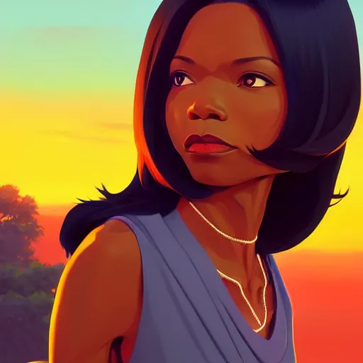 Prompt: Condoleezza Rice, sunset, intricate, highly detailed, digital painting, artstation, official media, anime key visual, concept art, rich vivid colors, ambient lighting, sharp focus, illustration, art by Artgerm, Makoto Shinkai, Ilya Kuvshinov, Lois Van Baarle, and Rossdraws