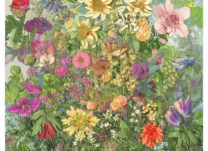 Prompt: an hyperdetailed illustration of a lot of flowers and plantsmaximalist flower, with elaborate mechanics. seen from the distance, hd matte paper background in soft natural tones.