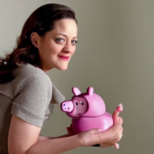 Image similar to a beautiful photography of Marion Cotillard playing Peppa Pig, photorealistic, Canon EOS 600D, 50mm, natural lights, trending on Artstation