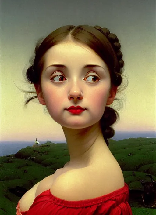 Image similar to hyper detailed 3 d render like a oil painting - cute portrait of a brunette called emma, italian looks, looking at camera, symmetrical face, long brunette hair, with a smiling cow looking over her shoulder by ryden, kawase hasui, dorothea tanning, edward hopper and james gilleard, aivazovsky, beksinski, outram, artstation