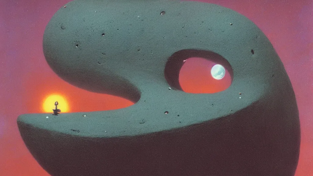 Image similar to mysterious whimsical sculpture of an alien crescent moon by paul lehr and john schoenherr and john harris, cinematic matte painting