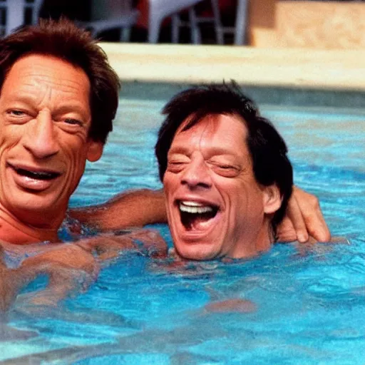 Prompt: barney eating jim varney in a swim pool award winning photo