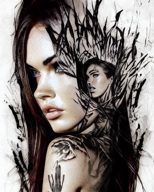 Image similar to creative double exposure effect tattoo design sketch of megan fox faded in beautiful mountain scenery, realism tattoo, in the style of matteo pasqualin, amazing detail, sharp