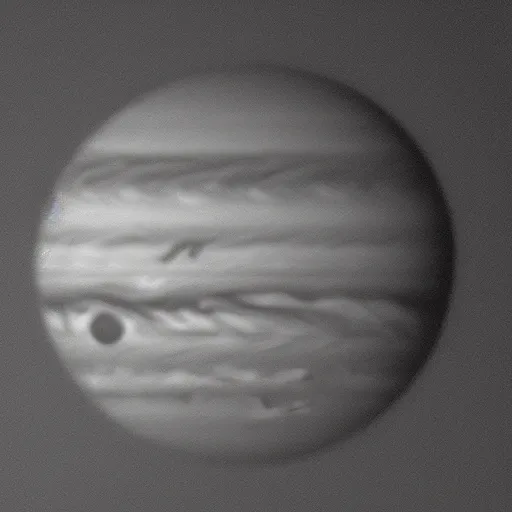 Image similar to a photograph taken by a camera on europa, photograph is of jupiter in the sky, the horizon is visible,