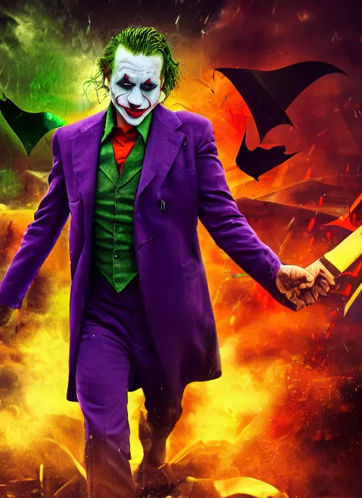 Image similar to Liam Neeson as the Joker, defeating Batman, realistic, digital art, 4k, cinematic lighting, explosion in the background