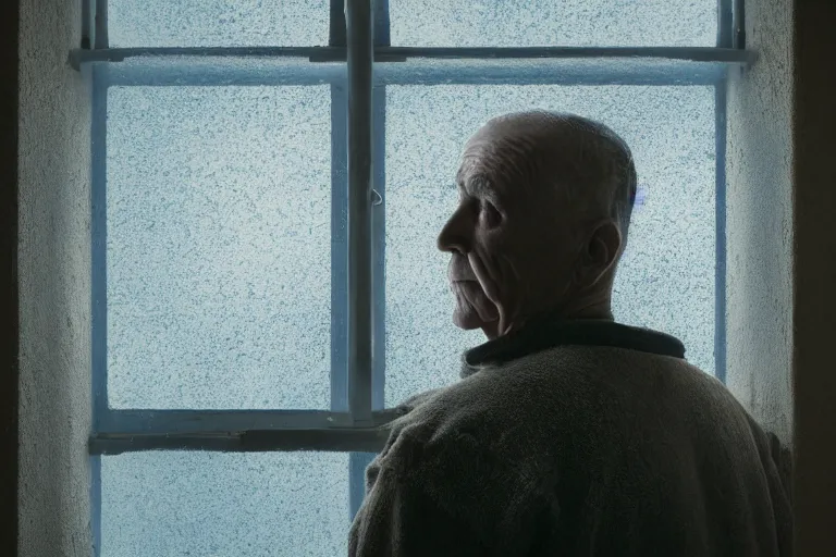 Image similar to a cinematic painting of an old male prisoner inside of jail cell looking out of a small frosted window, beautiful lighting, high depth, ultra realistic, artistic, by annie leibovitz, by gregory crewdson, blue color theme