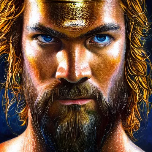 Prompt: intricate five star portrait of aquaman, oil on canvas, hdr, high detail, photo realistic, hyperrealism, matte finish, high contrast, 3 d depth, centered, masterpiece, vivid and vibrant colors, enhanced light effect, enhanced eye detail, artstationhd