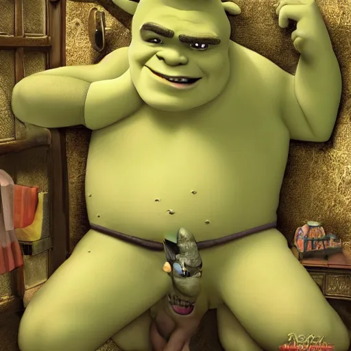 Prompt: Sexy Shrek wearing lingerie inviting Donkey into his bedroom, dimly lit, sensual atmosphere, realistic