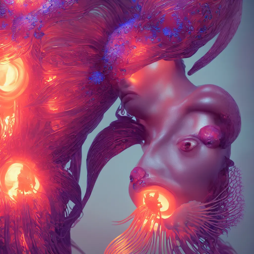 Image similar to goddess close-up portrait. orchid jellyfish phoenix head, nautilus, skull, betta fish, bioluminiscent creatures, intricate artwork by Tooth Wu and wlop and beeple. octane render, trending on artstation, greg rutkowski very coherent symmetrical artwork. cinematic, hyper realism, high detail, octane render, 8k