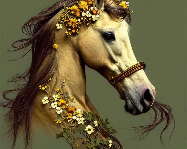 Prompt: side portrait of a horse which disintegrates into ornamental flowers and plants, uniquely beautiful animal, emotionally evoking symbolic metaphors, head in focus, heavily gothic ornamental, intricate, elegant, highly detailed photorealistic digital painting, artstation, concept art, painterly, golden ratio, sharp focus, illustration, art by greg rutkowski and alphonse mucha,