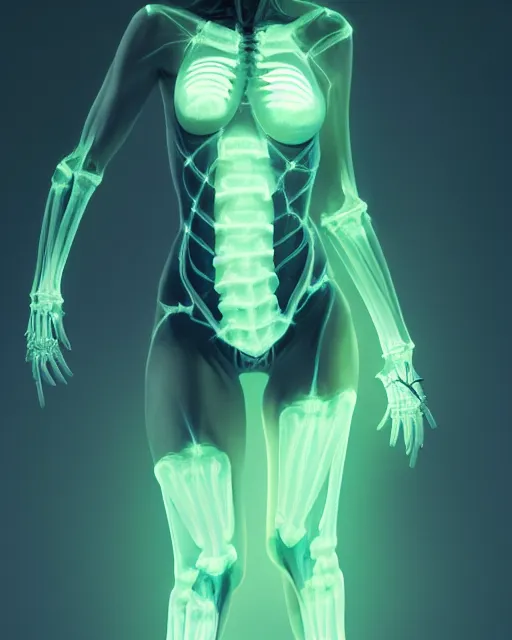 Image similar to female posing sensual figure x - ray, skeletal, glowing veins under translucent skin, highly detailed skin, bioluminescent, plasma, greg rutkowski, 8 k trending on artstation