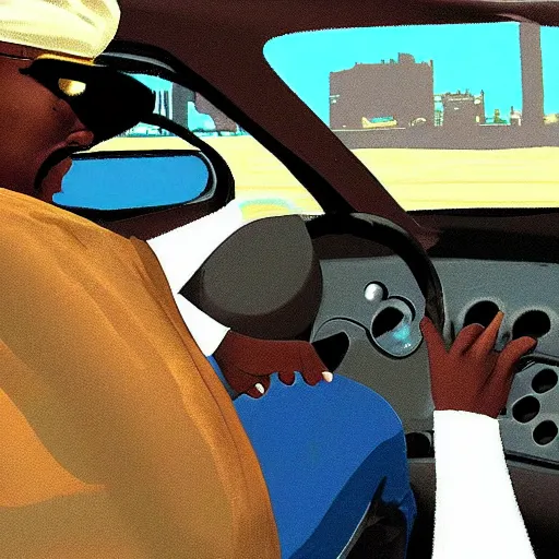 Prompt: old black man in car, gta san andreas art