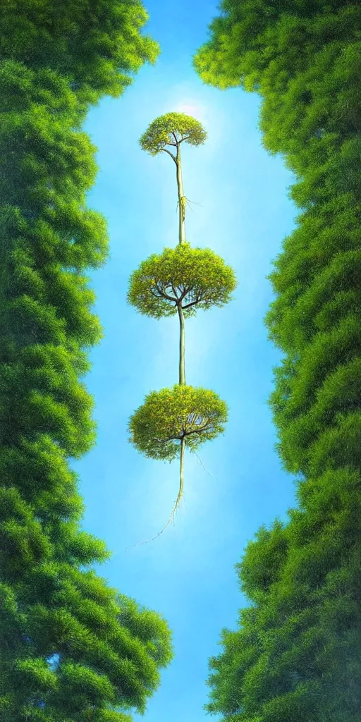 Image similar to a thin tree with an extremely long trunk and spherical canopy, viewed from below, perspective, fantasy digital painting by artgerm and leyendecker, surreal, photorealistic