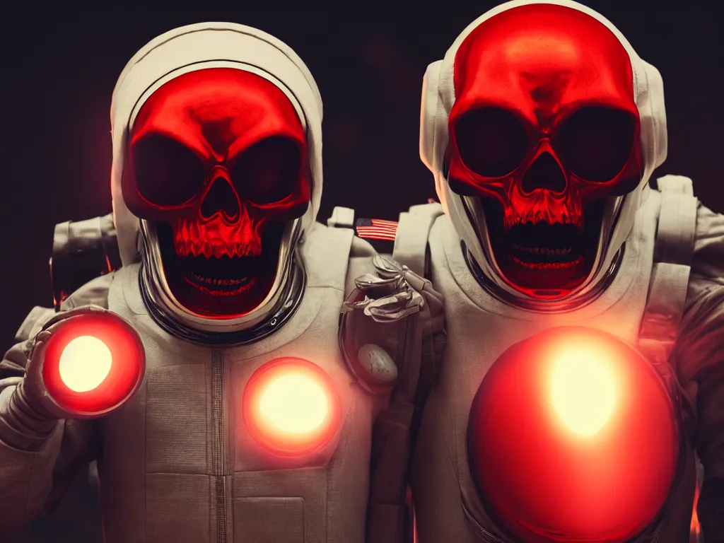 Prompt: angry ornate red skull in astronaut suit, gold linens, cinematic lighting, dramatic, octane render, long lens, shallow depth of field, bokeh, anamorphic lens flare, 8k, hyper detailed