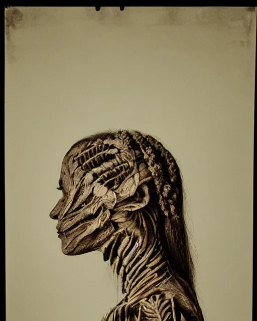 Prompt: a woman's face in profile, made of fern skeleton, in the style of the dutch masters and gregory crewdson, dark and moody