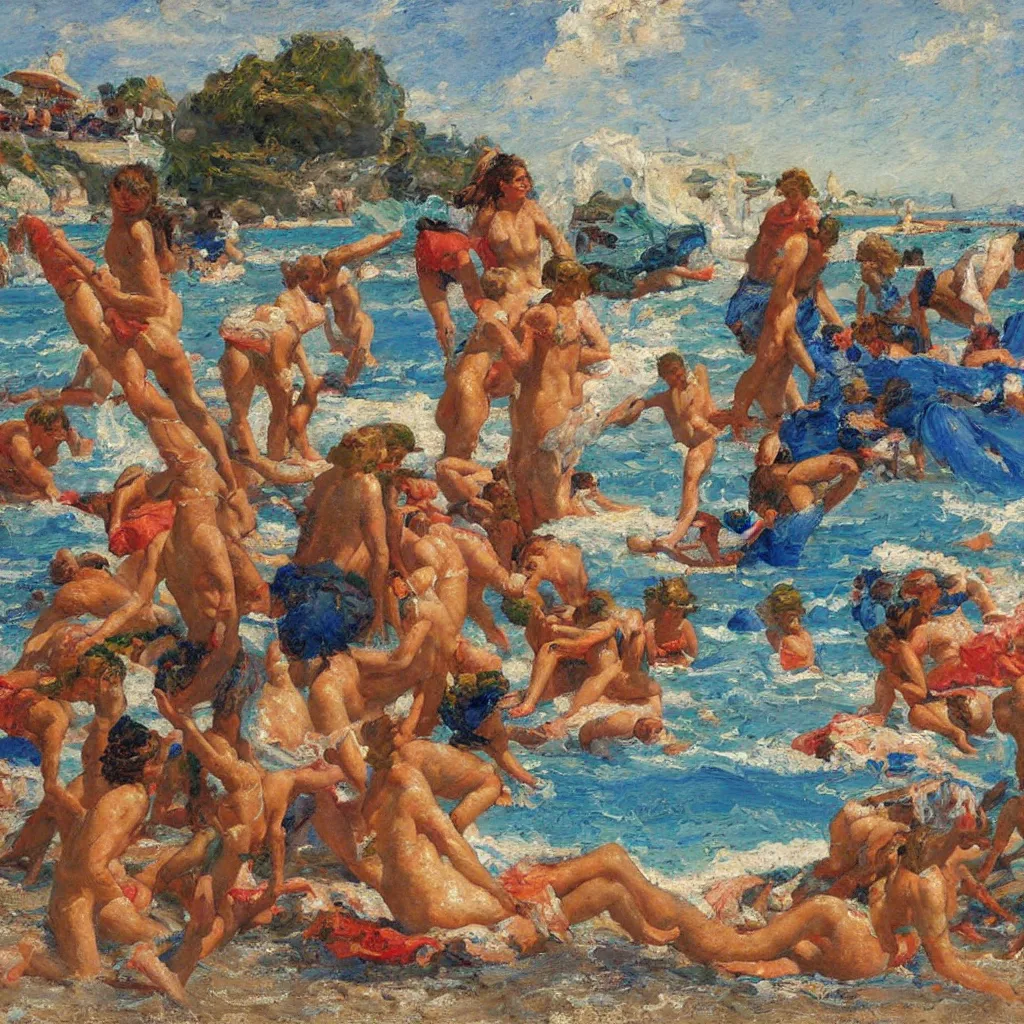 Image similar to rich and indulgent oil paint impasto reliefs, happy italian beach scene, an artwork by charles w. bartlett and jackson pollack and colin campbell cooper