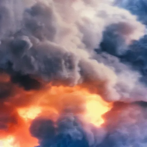 Image similar to destroyed city, dystopian, war, real, thick vivid blue smoke, red clouds, detailed, award winning, masterpiece