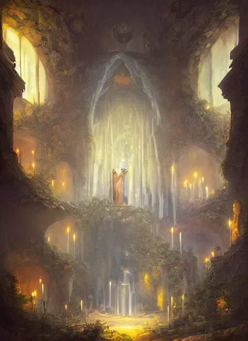 Image similar to Detailed Interior of Monastery Ruins, Waterfall walls, light of god, light shafts, candles, stunning atmosphere, in Style of Peter Mohrbacher, cinematic lighting