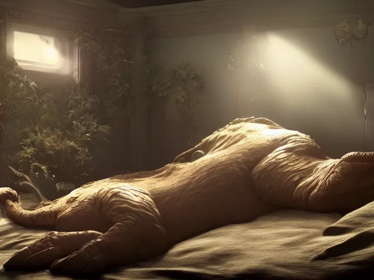 Image similar to sleeping!!!!! t - rex in bed!!!!!, ultra realistic, lens flare, atmosphere, glow, detailed, intricate, full of colour, cinematic lighting, trending on artstation, 4 k, hyperrealistic, focused, extreme details, unreal engine 5, cinematic, masterpiece
