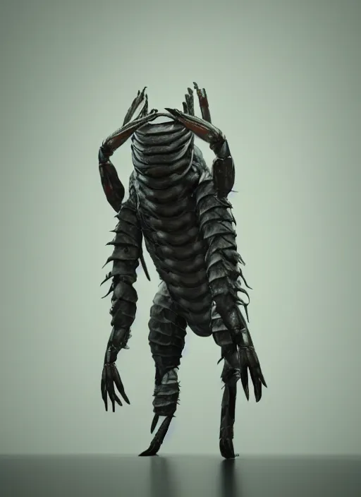 Image similar to a men who suddenly became a giant shrimp, photorealistic, canon r 3, high fashion photography, elegant, luxury and elite, symmetry, octane render, unreal engine, solid dark grey background, dramatic lights