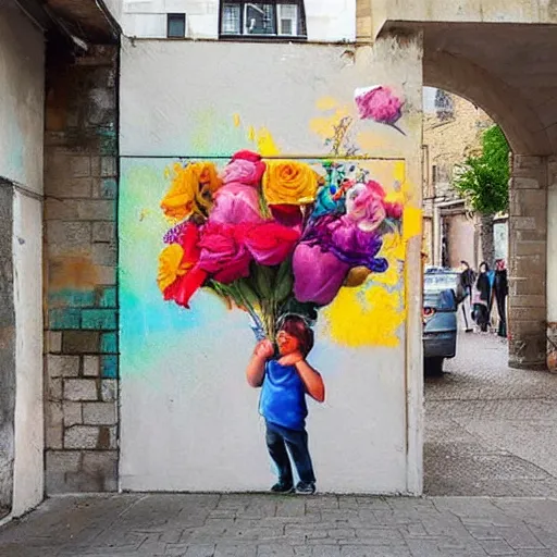 Prompt: Colorful Street Art Paintings Replace Heads With Flower Bouquets