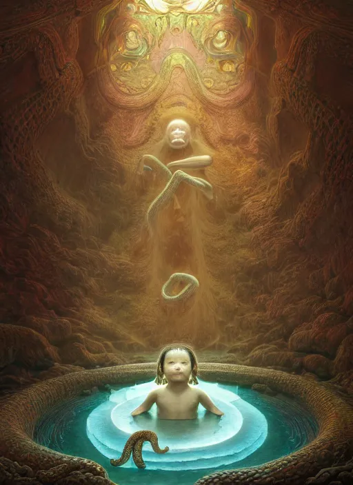 Image similar to hyperreal ultra detailed hypnagogic recollections from the waters of the unconscious. a 3 d psychopomp watching on. an ancient child. prismatic crystal light projections, a doorway threshold, a snake, sharp focus, global illumination, ornate, art by shaun tan, fenghua zhong and daniel merriam and dan mumford octane render