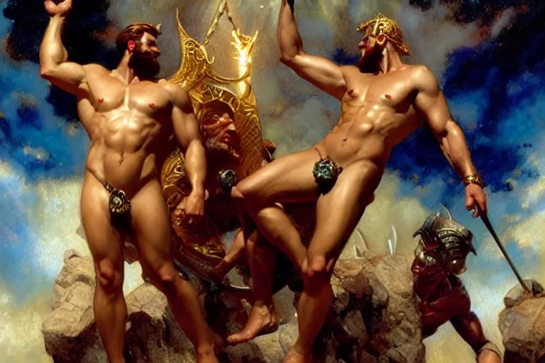 Image similar to zeus banishes ares from olympus, painting by gaston bussiere, craig mullins, j. c. leyendecker, tom of finland