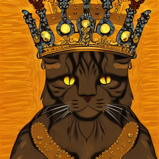 Prompt: queen cat with a golden crown on the throne, digital painting