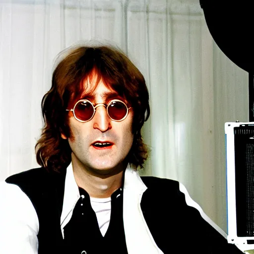Prompt: John Lennon live streaming while building a pc