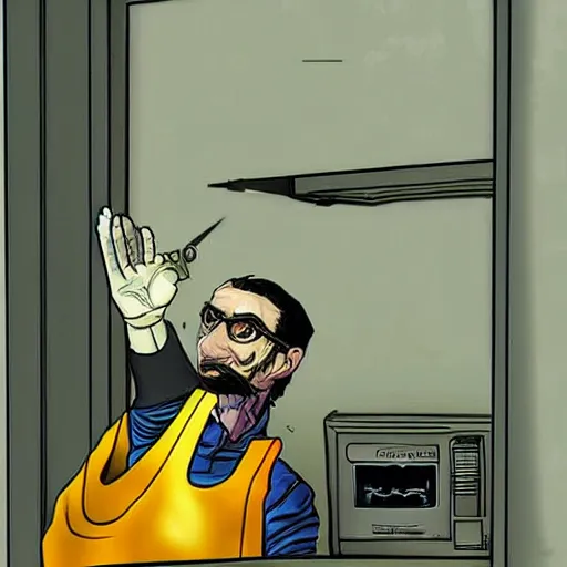 Prompt: Gordon Freeman destroys the microwave, photorealistic