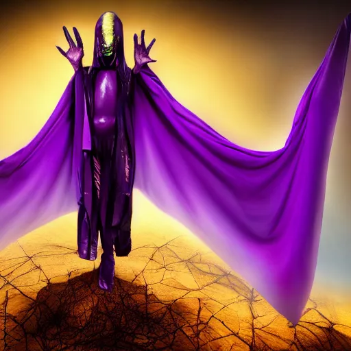 Image similar to 4 k studio portrait photograph of a tall interdimensional mantis extraterrestrial in a purple cloak