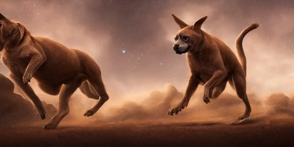 Image similar to a boerboel mastiff running, chasing a kangaroo, detailed, intricate, by jessica rossier