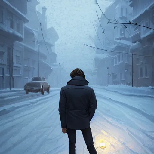 Prompt: by alexander trufanov by artgerm by simon stalenhag snow - covered man from back pacing lowering head to empty narrow alley with street lamps in park with pines to the horizon, dressed in short leather bomber jacket, with hands in pockets, snowfall at night, mullet long haircut, black hairs, cinematic, dramatic, detailed, realistic, movie shot, low lighting