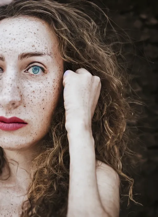 Image similar to Mid-shot portrait of a beautiful 30-year-old woman from Moldova, with freckles and wavy hair, candid street portrait in the style of Martin Schoeller award winning, Sony a7R