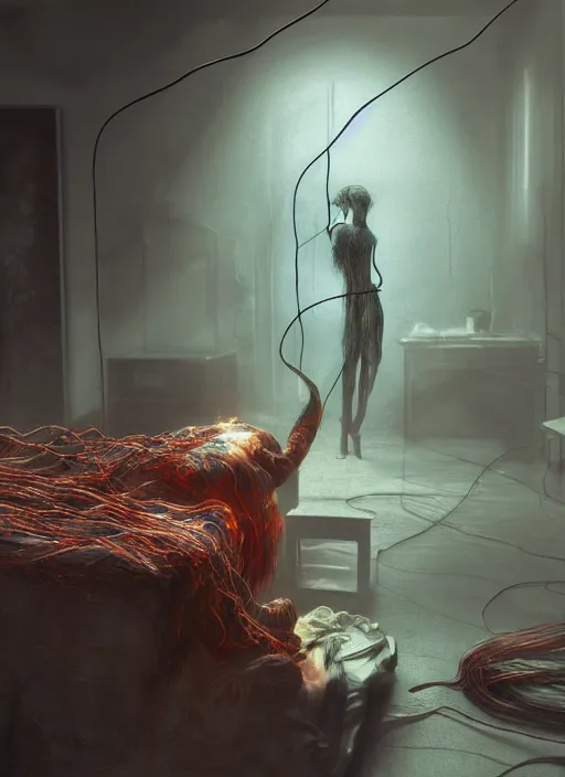 Image similar to rgb, woman, bedroom full of fire, rage, cinematic, movie scene, inspired by zdzislaw beksinski, clothes made out of veins,, cables everywhere, bedroom, ultra realistic, concept art, intricate details, highly detailed, photorealistic, octane render, 8 k