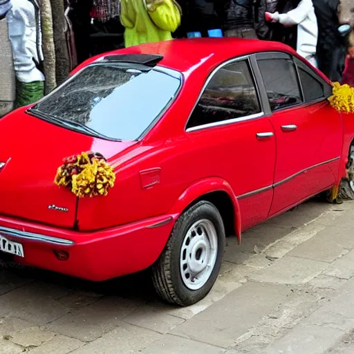 Image similar to a red opel astra filled with lemons