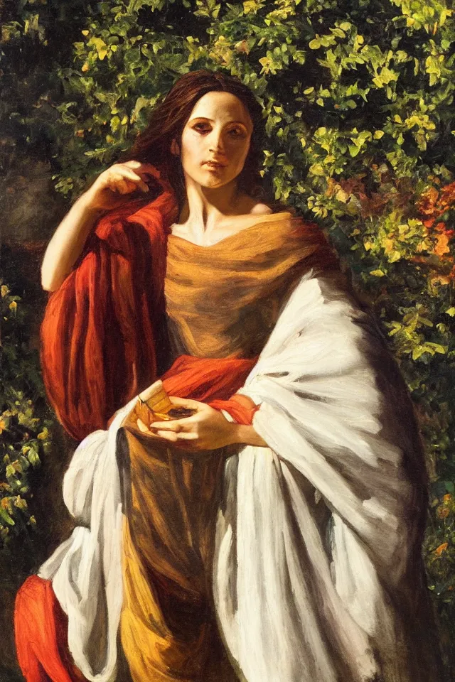 Prompt: chiaroscuro painting, dapple light, a beautiful greek woman in robes in a lush garden