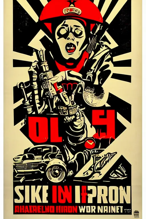 Image similar to strike while the iron is hot propaganda screen printing poster, art style wwii posters, shepard fairey, obey, street art, iconic, masterpiece, ornate and hyper detailed