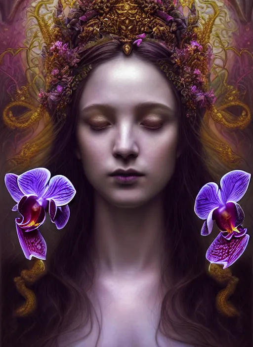 Image similar to portrait of the young goddess of iridescent orchids, unusually unique beauty, flowers and plants and vegetables, emotionally evoking symbolic metaphors, head in focus, fantasy, heavily gothic ornamental, intricate, elegant, sensual, highly detailed digital painting, artstation, concept art, painterly, golden ratio, sharp focus, illustration, art by greg rutkowski and alphonse mucha,